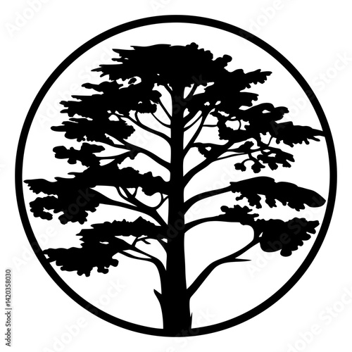 Stylized Silhouette of Tree in Oval Frame against a White Background