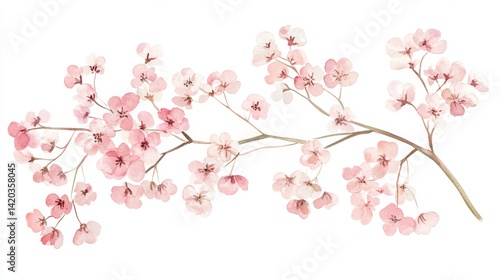 Delicate watercolor illustration of a pastel pink branch featuring a soft gypsophila flower with intricate shading and refined accents