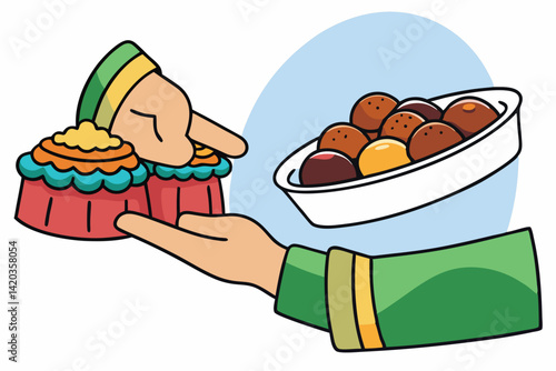 Hands exchanging a plate of traditional sweets in a minimal vector illustration capturing a cultural moment of sharing and celebration between friends
