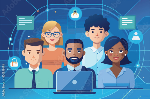 Digital connection among diverse individuals sharing knowledge and ideas through technology in a virtual setting
