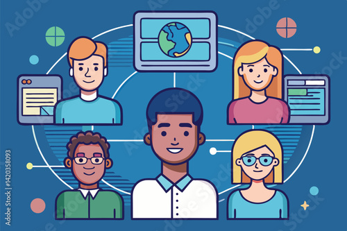 Digital connection among diverse individuals sharing knowledge and ideas through technology in a virtual setting