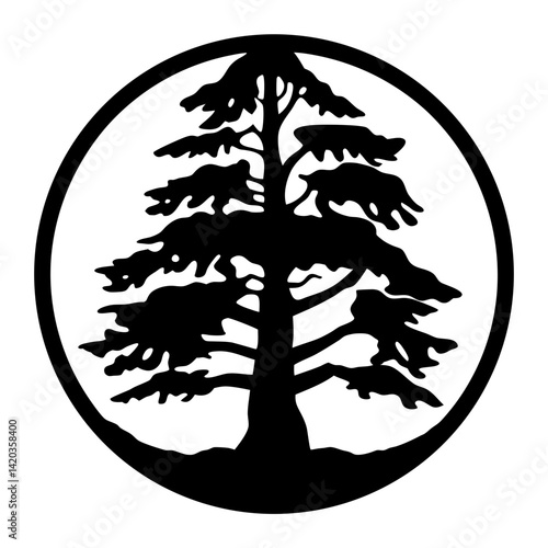 Monochrome Pine Tree Silhouette Enclosed in a Circular Frame with Roots