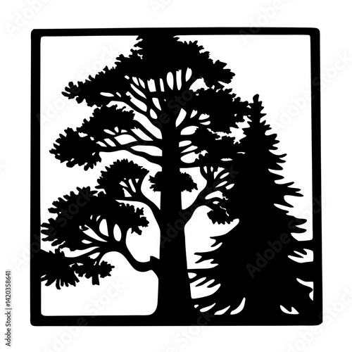 Monochrome Silhouette of Two Trees Framed by a Square Border Design