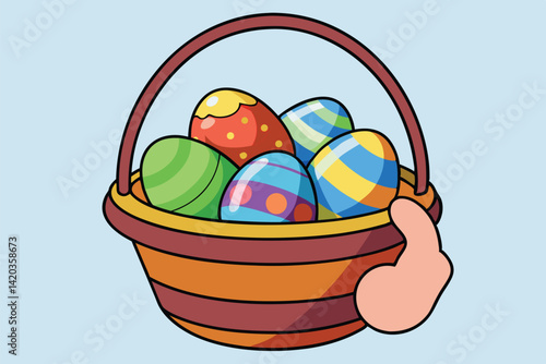 Colorful Easter eggs in a basket held by a hand during a festive spring celebration in a cheerful outdoor setting