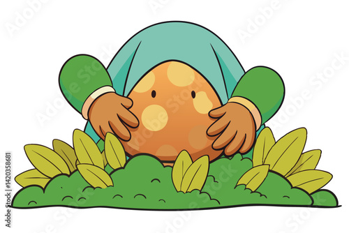 Charming minimal vector illustration of a playful character hiding in lush greenery, engaged in a whimsical outdoor activity