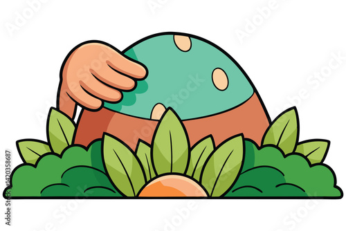 Charming minimal vector illustration of a playful character hiding in lush greenery, engaged in a whimsical outdoor activity