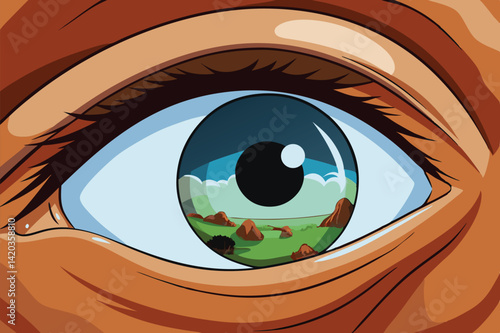 Vivid vector illustration showcasing a close-up of an eye reflecting a serene landscape with trees and a rock formation in its pupil during daylight