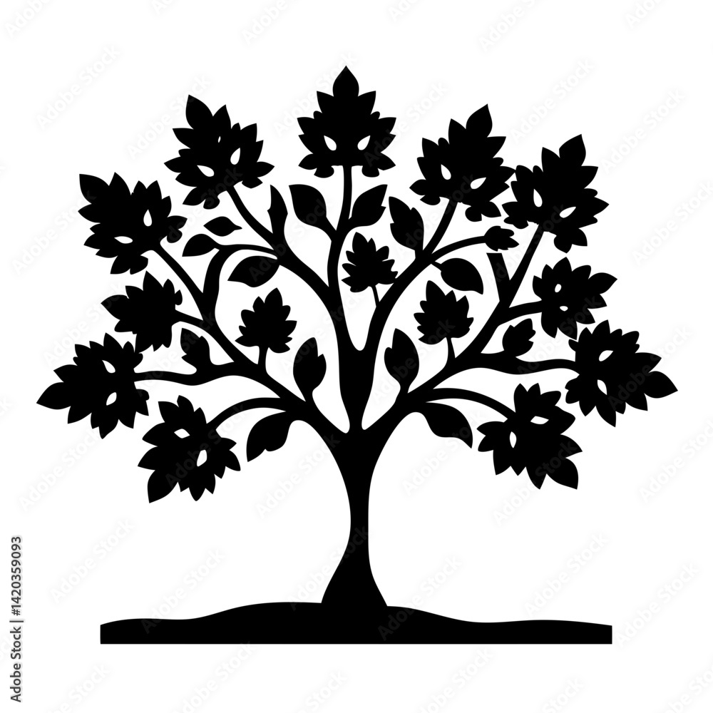 Obraz premium Stylized Black Tree Silhouette with Elaborate Foliage and Solid Base on White