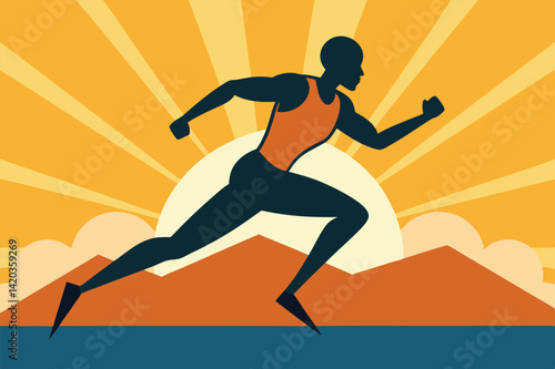 Dynamic runner sprinting across a wide landscape at sunset with mountains in the background and warm colors illuminating the sky