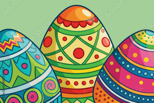 Colorful decorated Easter eggs in a minimal vector illustration showcasing vibrant patterns against a soft green background