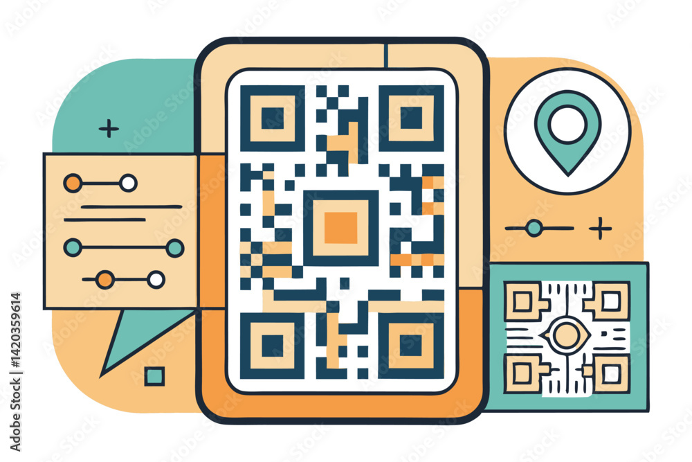Vector illustration of a smartphone scanning a QR code while interacting with a piece of cheese, showcasing modern technology in food exploration and tasting Vector illustration of a smartphone scanning a QR code while interacting with a piece of cheese, showcasing modern technology in food exploration and tasting