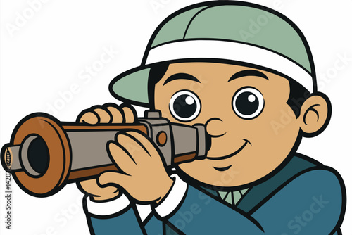 Young boy peering through a telescope in a minimal vector illustration capturing curiosity and adventure during a sunny daytime exploration