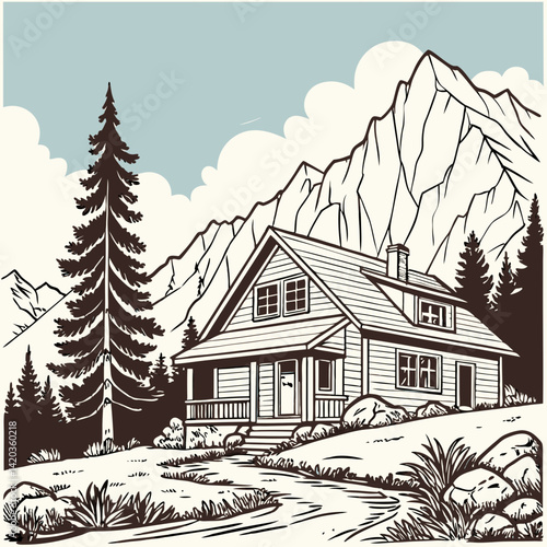 House in mountain landscape hand drawn vector illustration realistic sketch
