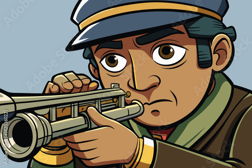 Young boy peering through a telescope in a minimal vector illustration capturing curiosity and adventure during a sunny daytime exploration