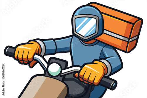 Vector illustration of a motorcyclist wearing an orange helmet and gloves, gripping the handlebars of a bike while ready for an adventure in a minimal style