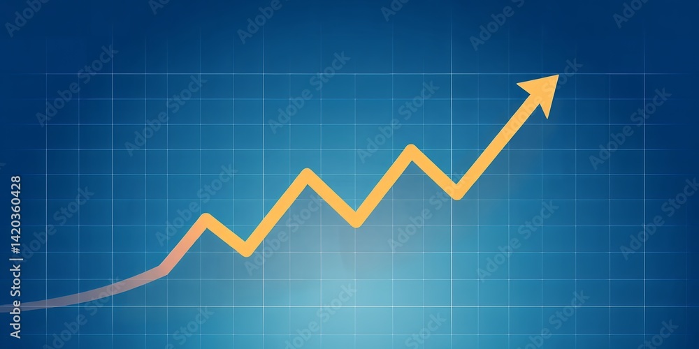 Naklejka premium An upward trending yellow arrow on a blue grid background indicating positive growth and progress