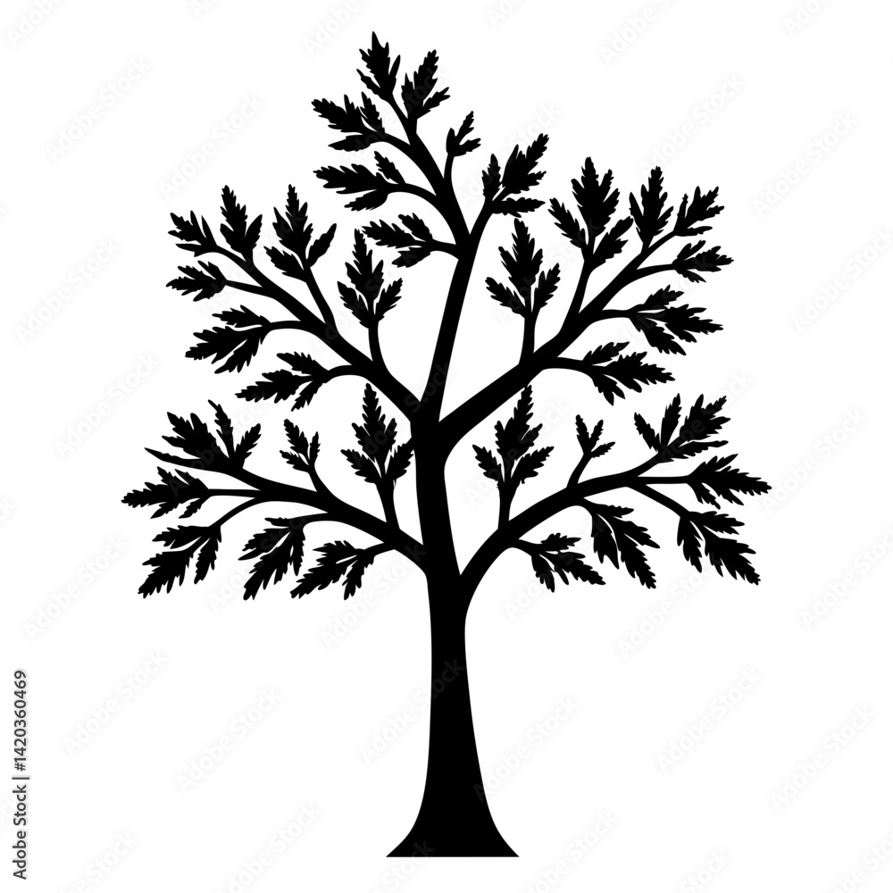 Elegant Silhouette Tree Illustration with Detailed Branches and Leafy Foliage Elegant Silhouette Tree Illustration with Detailed Branches and Leafy Foliage