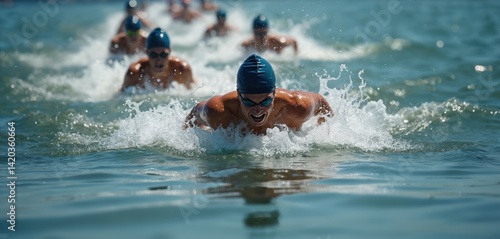 Obraz na płótnie Male athletes swim freestyle in ocean competition. Group of sportsmen start race. People wear goggles, swim caps. Water splashes. Professional sports event, open water swimming. Healthy lifestyle. w salonie