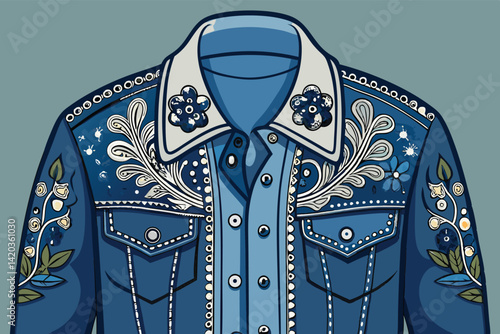 Detailed vector illustration of a decorative blue denim jacket featuring floral designs and intricate embroidery for fashion enthusiasts and designers