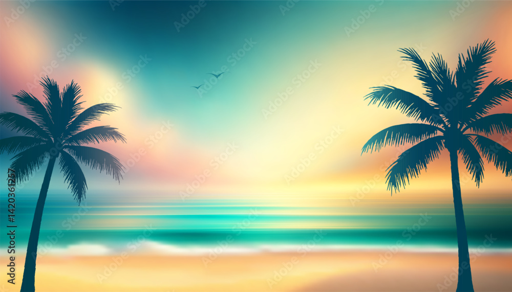 Obraz premium Vector Tropical Beach with Green Palm Trees Silhouettes at Sunset and Dreamy Gradient Sky with Soft Clouds