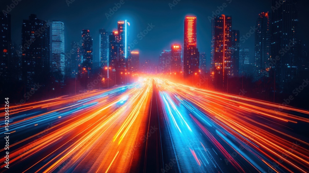Fototapeta premium City highway light trails with night skyline
