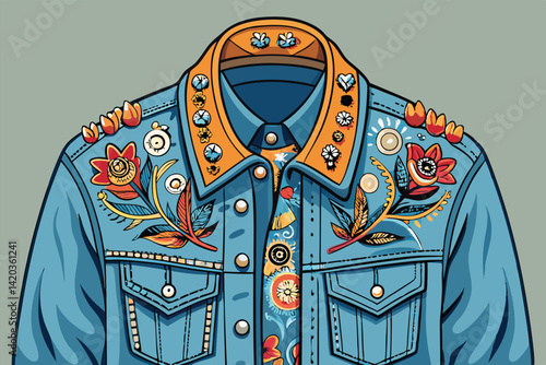 Detailed vector illustration of a decorative blue denim jacket featuring floral designs and intricate embroidery for fashion enthusiasts and designers