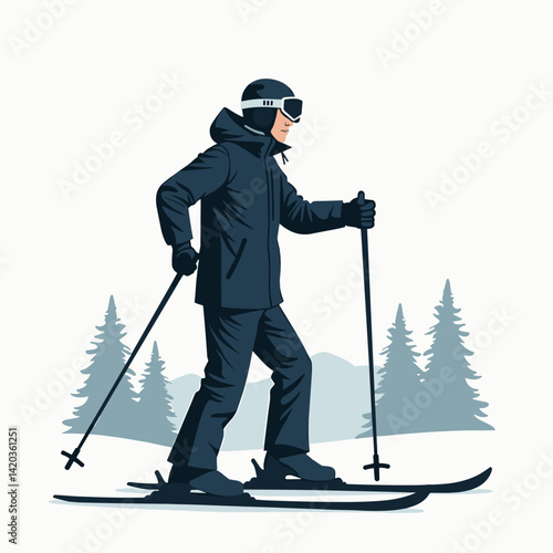 Skiing man in winter sports attire on snowy landscape