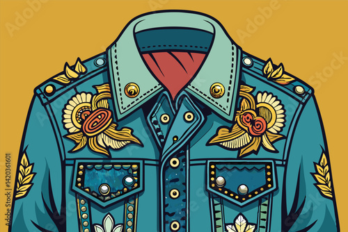 Detailed vector illustration of a decorative blue denim jacket featuring floral designs and intricate embroidery for fashion enthusiasts and designers