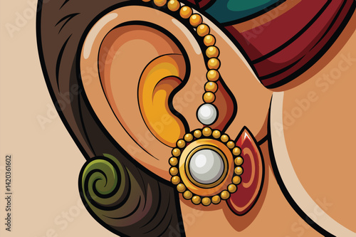 Detailed vector illustration of a woman's ear adorned with a traditional earring showcasing cultural beauty in a minimal style featuring intricate designs