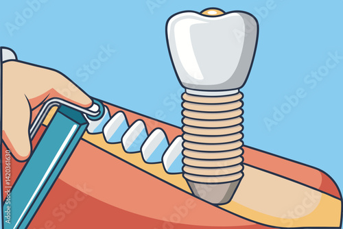 Demonstration of dental implant placement showcasing minimal vector illustration of hand, screw, and jaw with adjacent teeth