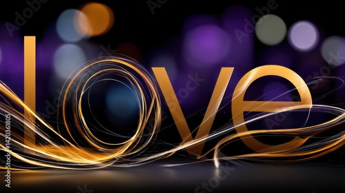 Artistic glowing light trails surrounding the word love on dark background with bokeh effect