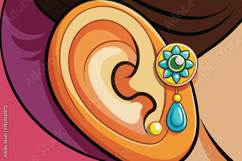 Detailed vector illustration of a woman's ear adorned with a traditional earring showcasing cultural beauty in a minimal style featuring intricate designs