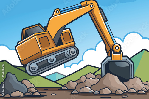 Yellow excavator working on a construction site, digging up dirt and rocks under a clear blue sky during daytime hours