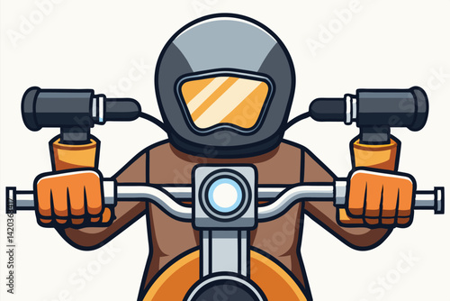 Motorcyclist grips handlebars in dynamic vector illustration featuring minimal design elements and vibrant colors