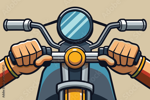Motorcyclist grips handlebars in dynamic vector illustration featuring minimal design elements and vibrant colors