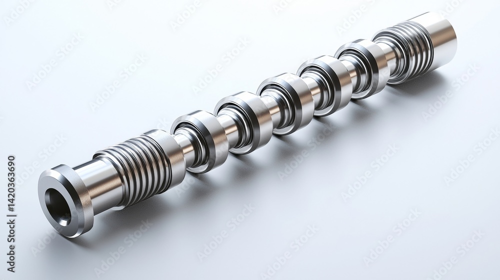 Close-up of a polished metallic camshaft showcasing intricate designs and precision engineering Close-up of a polished metallic camshaft showcasing intricate designs and precision engineering