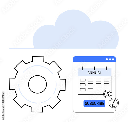 Gear representing settings, cloud element, and annual subscription calendar with subscribe button and coins. Ideal for tech, cloud services, SaaS, automation, subscriptions, fintech simple landing