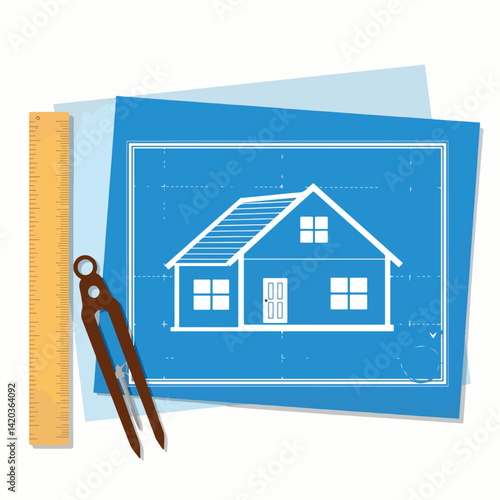 Architectural blueprint with drafting tools on blue background, design planning