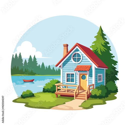 Charming blue cottage by tranquil lake, serene retreat concept