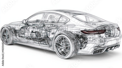 Car blueprint revealing internal parts on white background