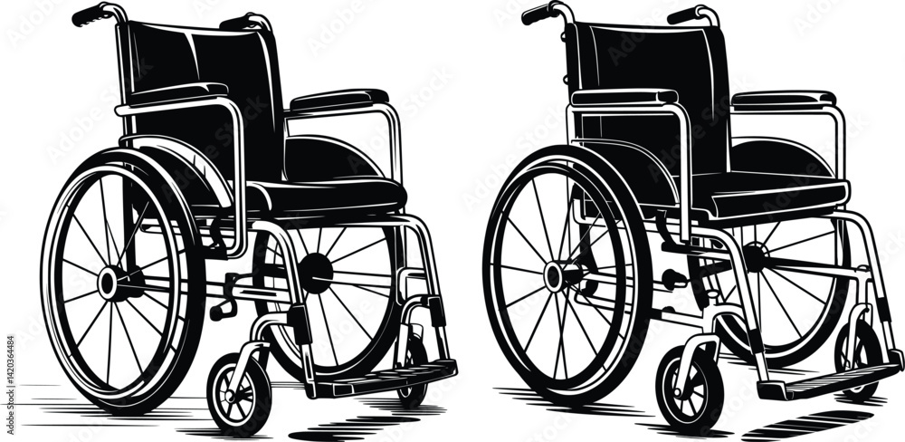 Fototapeta premium Black and White Wheelchair Illustration, Medical Mobility Equipment Drawing.