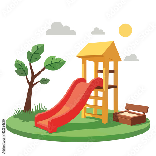 Colorful playground with red slide and sandbox, outdoor fun