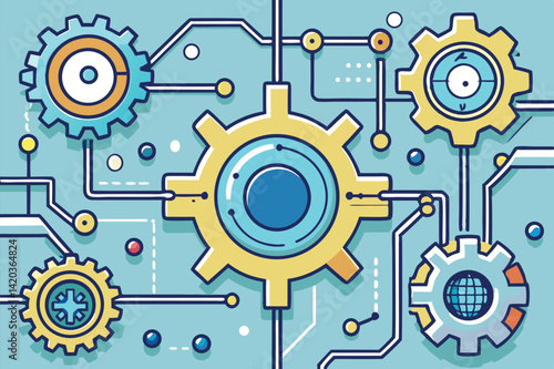 Abstract illustration of interconnected gears and circuits in a minimal vector style, showcasing a seamless blend of engineering and technology concepts in a contemporary design