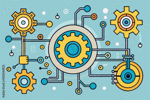 Abstract illustration of interconnected gears and circuits in a minimal vector style, showcasing a seamless blend of engineering and technology concepts in a contemporary design