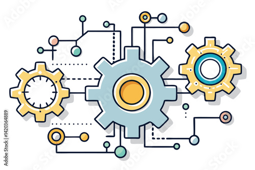 Abstract illustration of interconnected gears and circuits in a minimal vector style, showcasing a seamless blend of engineering and technology concepts in a contemporary design