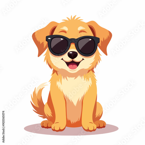 Playful dog wearing sunglasses sitting on white background, joyful spirit