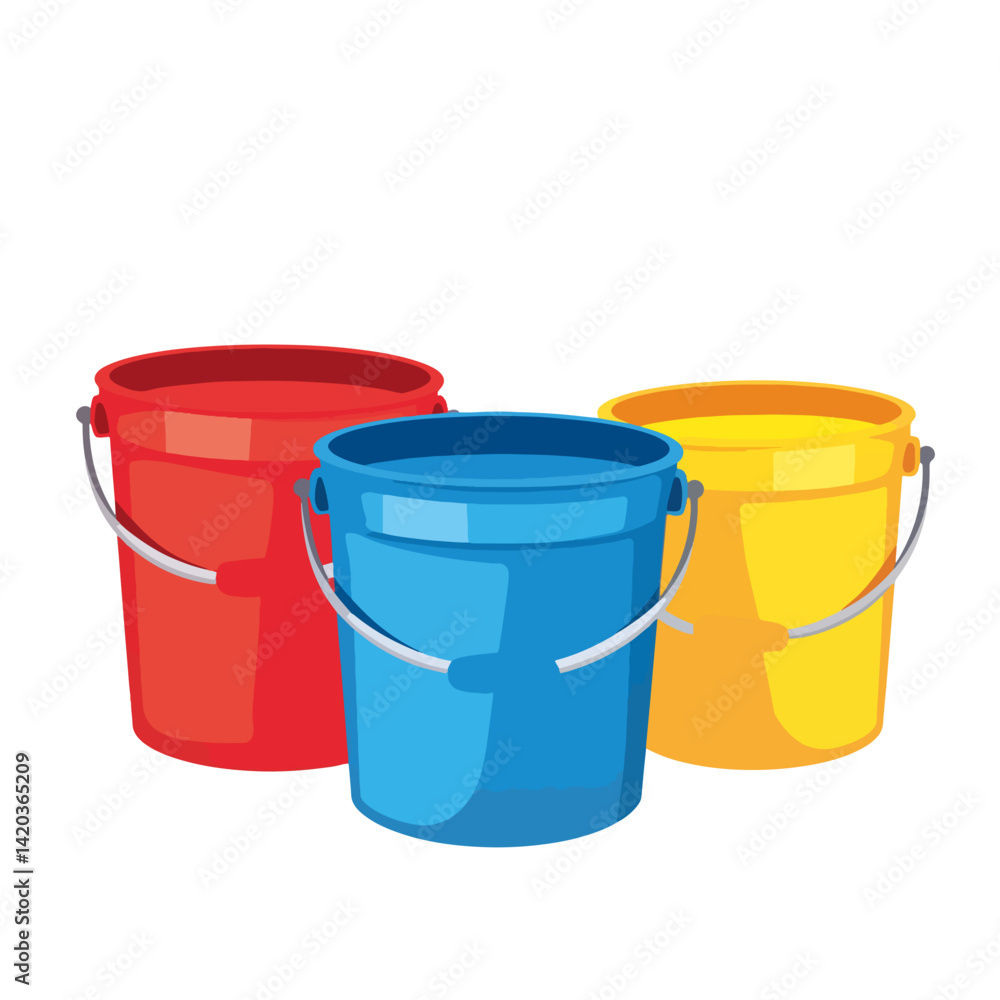 Colorful paint buckets in a row against a white background, creativity Colorful paint buckets in a row against a white background, creativity