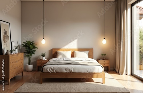 Obraz na płótnie Bright, modern bedroom with wooden bed, nightstands. Large window with curtains, natural sunlight. Cozy, minimalistic interior design. Neutral tones, comfortable, relaxing atmosphere. Plants, art w salonie