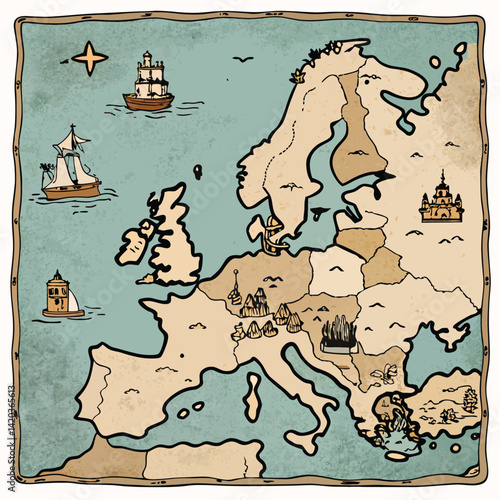 Detailed vector illustration of a historical map depicting Europe with landmarks, ships, and geographical features in a minimalistic style
