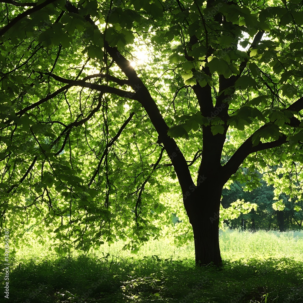 Fototapeta premium Sunlit Lush Green Tree Canopy Nature Scene